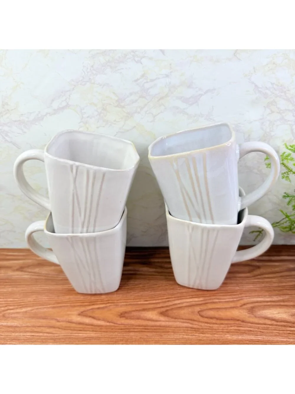 Pier 1 SAKUI Off White Ceramic Square Ribbed Textured Coffee Mugs Cups Set of 4